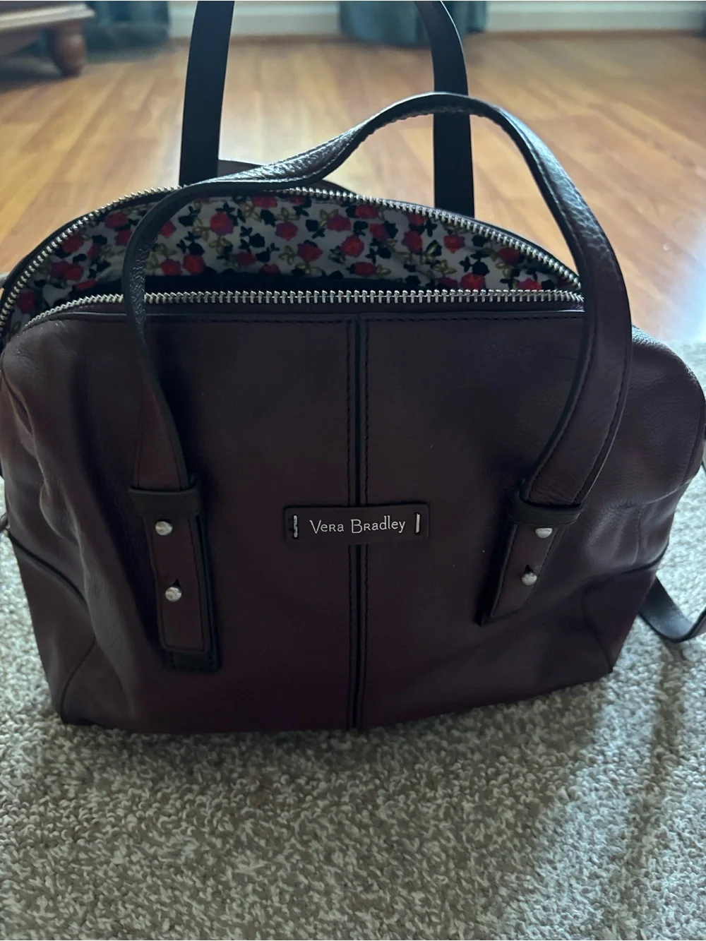 Vera Bradley Burgundy Leather Satchel with Floral Lining